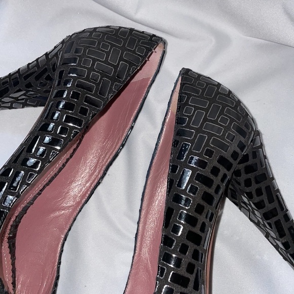 Jean-michel Cazabat Leather Brick Pattern Black Platform Heels size 39 Peep Toe - Picture 8 of 16